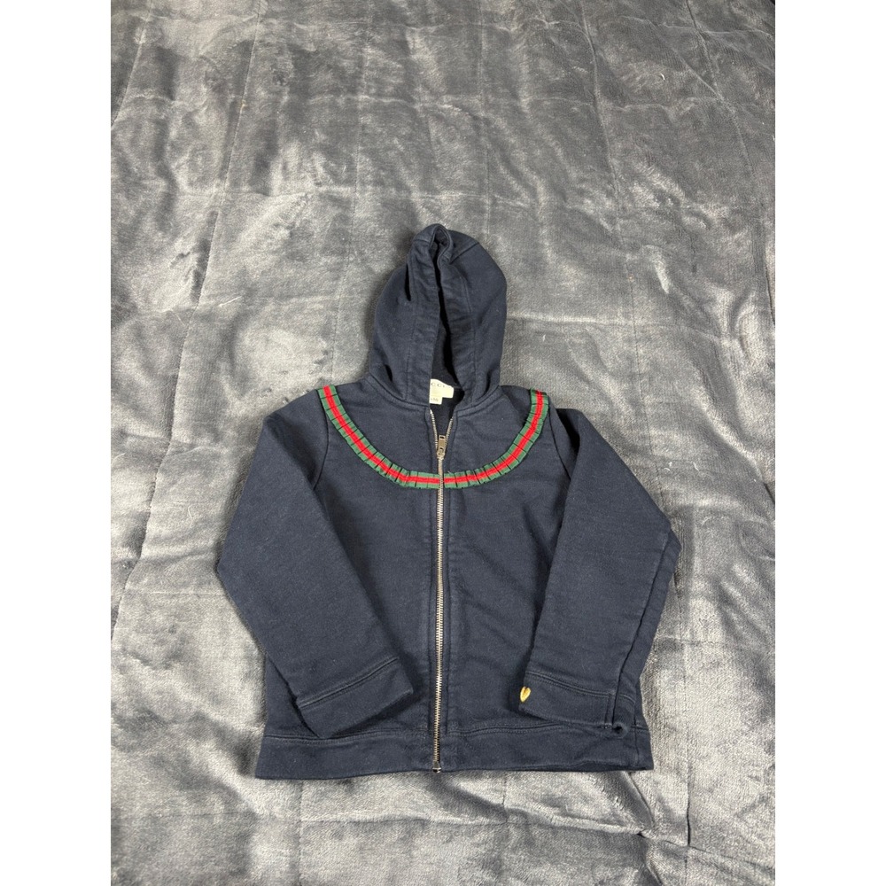 Gucci Kids Navy Blue Web Stripe Ruffle Zip Up Hoodie Sweatshirt Made in Italy